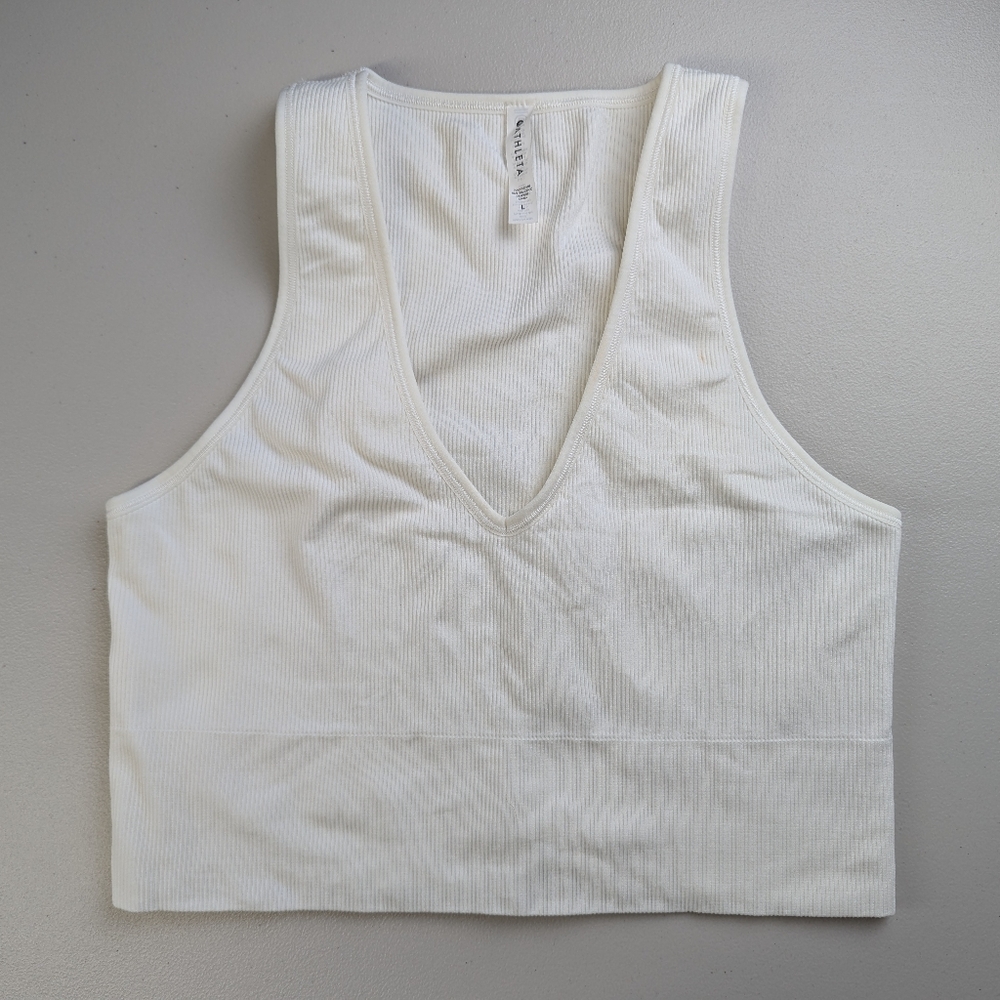 Athleta Ribbed Crop Tank Top Womens Large White V Neck Gym Sporty Athleisure